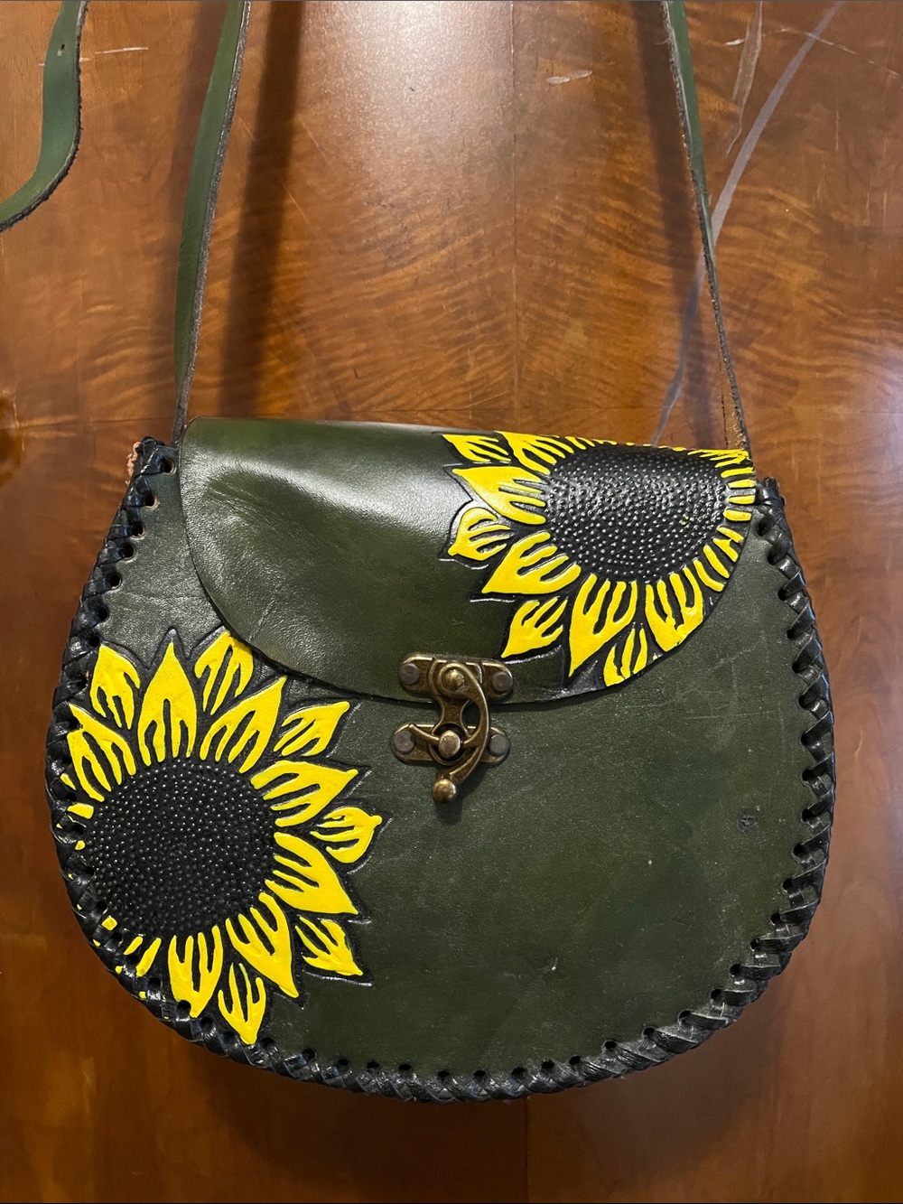 Hand-Painted Sunflower Green Leather Crossbody Bag